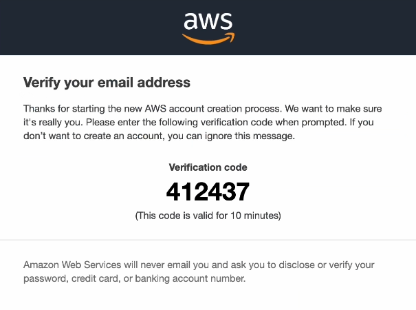 Getting the verification code after signing up for AWS account