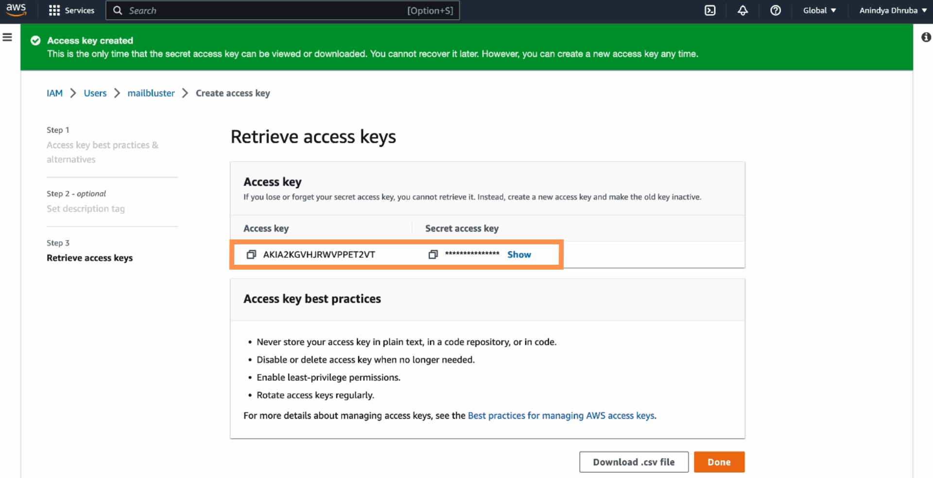 Downloading the CSV file of the Access key.