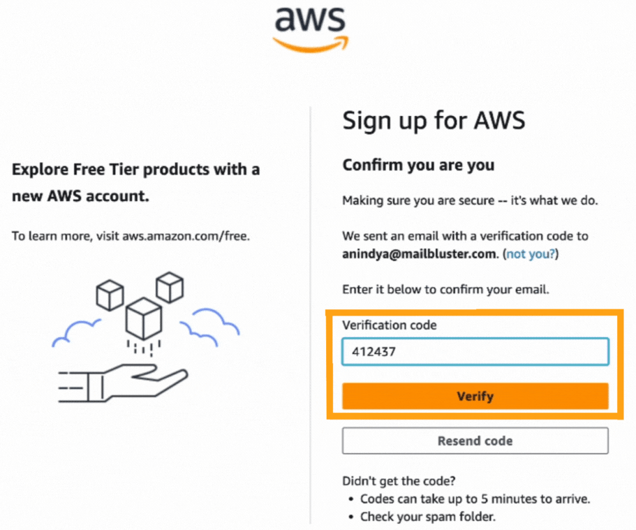 Pasting verification code in Sign up for AWS form.