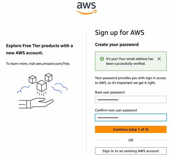 Pasting the email address and account name in the Sign up for AWS form.