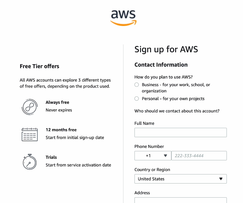 The Contact Information field on the Signing up for AWS form.