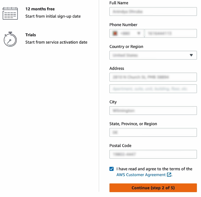 Filling out the Contact information field on the Signing up for AWS form.