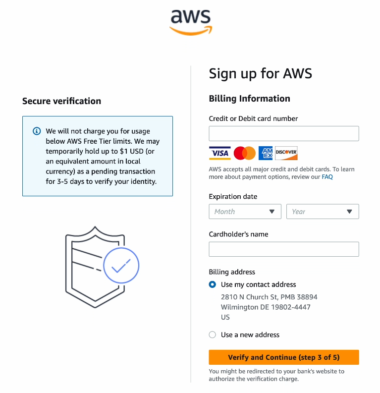 The Billing Information field on the Signing up for AWS form.