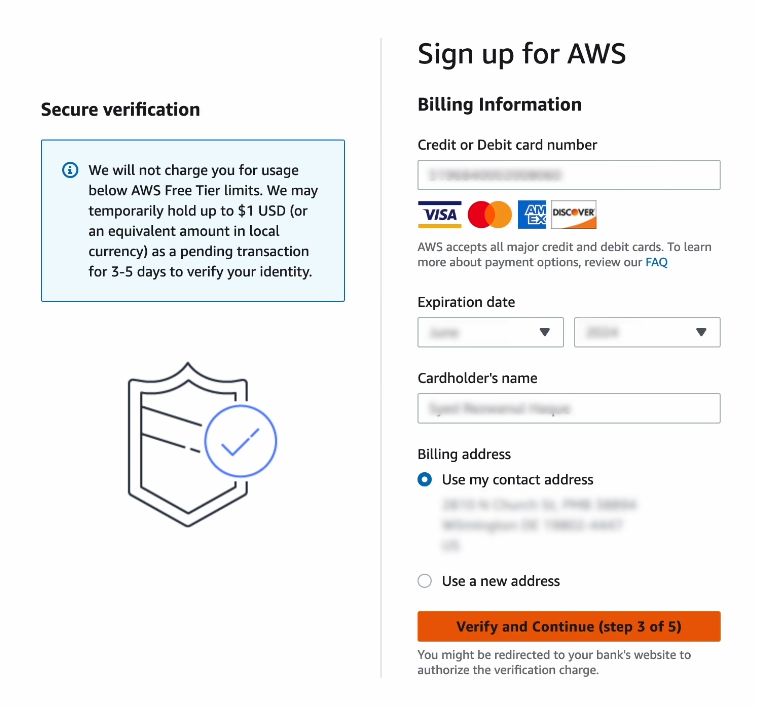 Filling out the Billing Information field on the Signing up for AWS form.