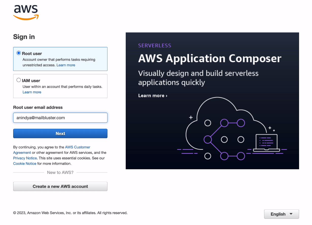 Signing in to AWS as a root user with your email address. 