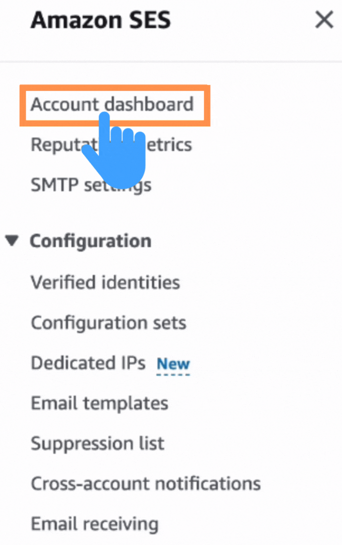 Entering into account dashboard to get out of the Amazon SES Sandbox