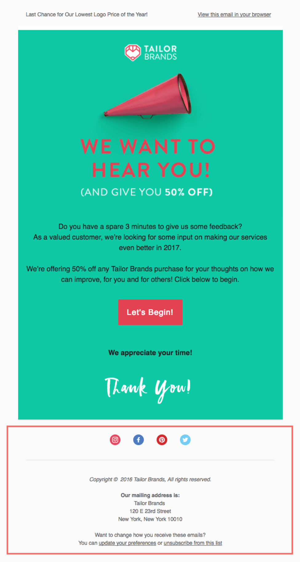 An email footer example in the Tailor brand's email newsletter