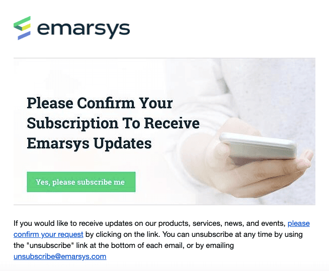 Example of a double opt-in subscription confirmation email template by Emarsys