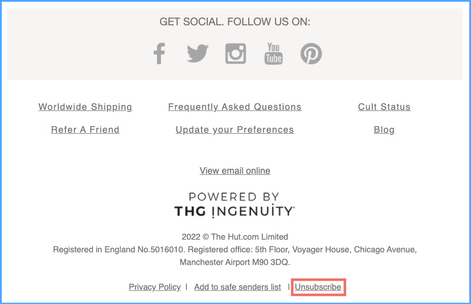 An example of the unsubscribe link on the email footer section