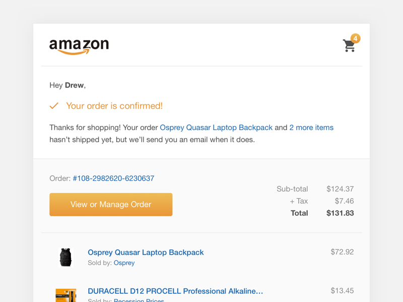 Example of an order confirmation email template by Amazon