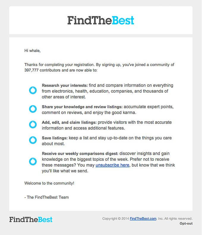 Example of a registration confirmation email template by FindThisBest