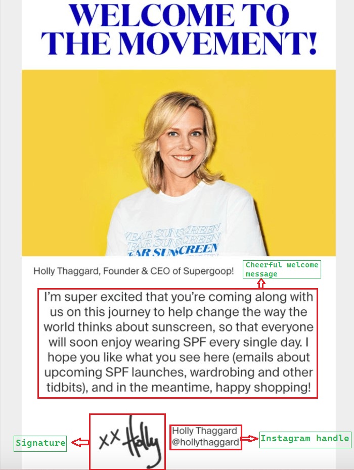 Welcome message example from Supergoop!