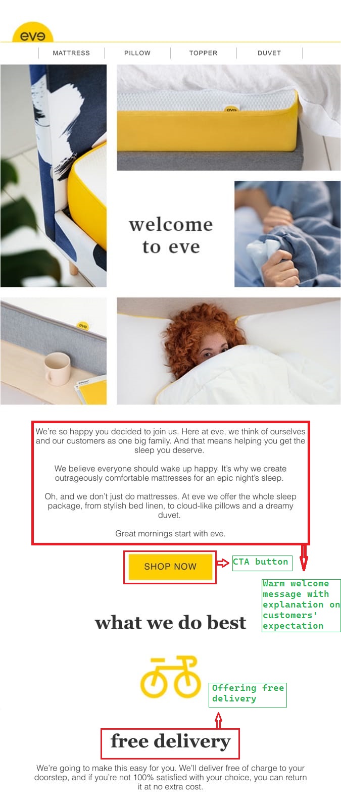 Welcome email example from Eve Sleep