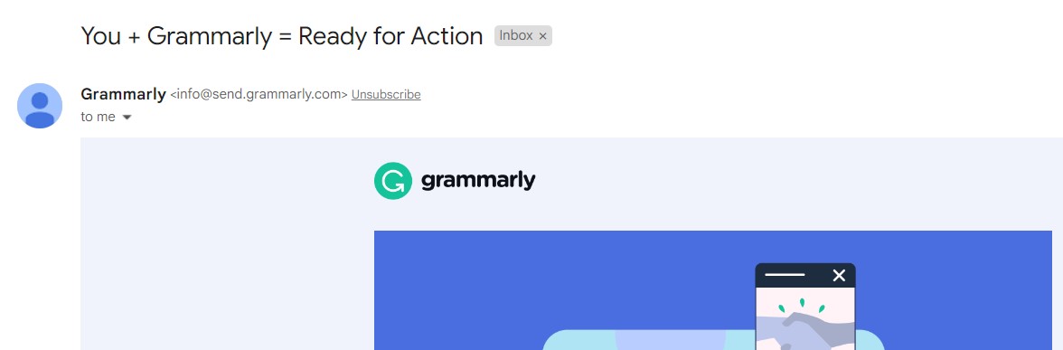 Unique welcome email subject line from Grammarly.