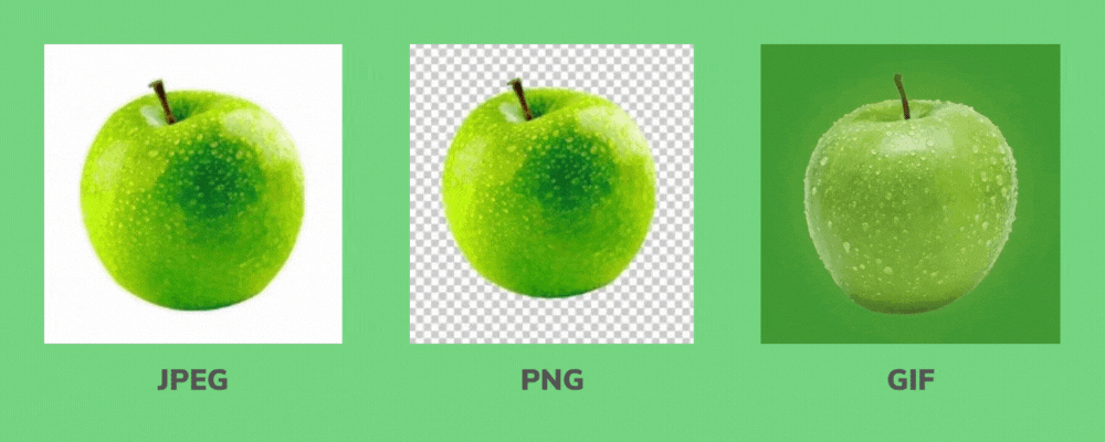 A green apple image with three different formats such as JPEG, PNG, and GIF