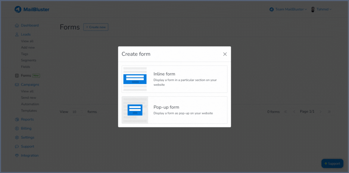 Selecting Form type in the MailBluster