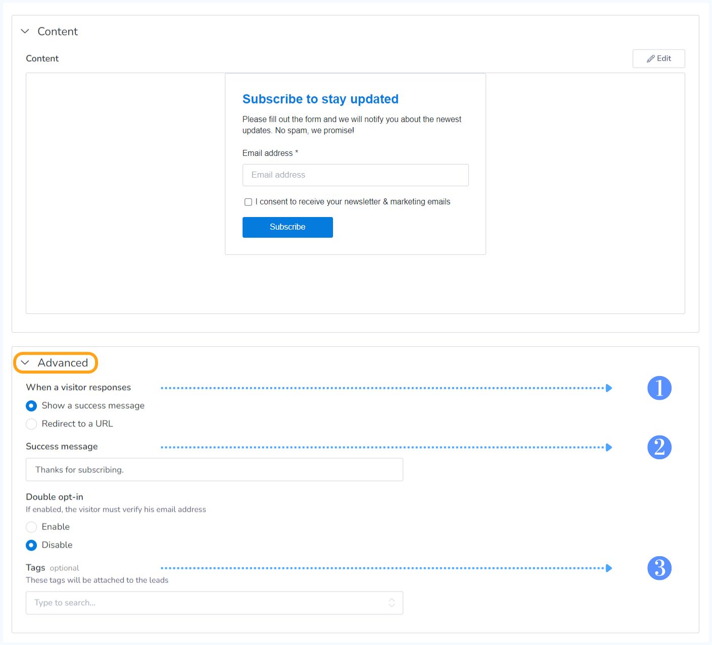 Adding information to the "Advanced" part of the form in the MailBluster form creation dashboard