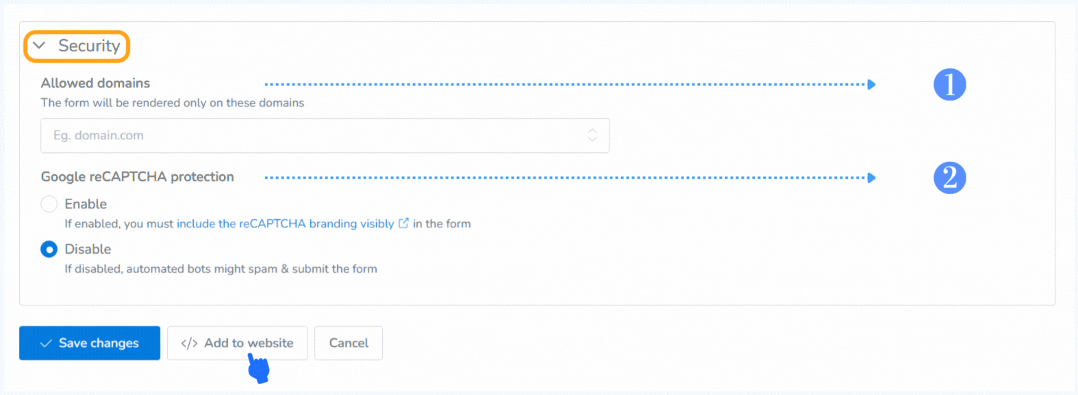 Adding information to the "Security" part of the form in the MailBluster form creation dashboard