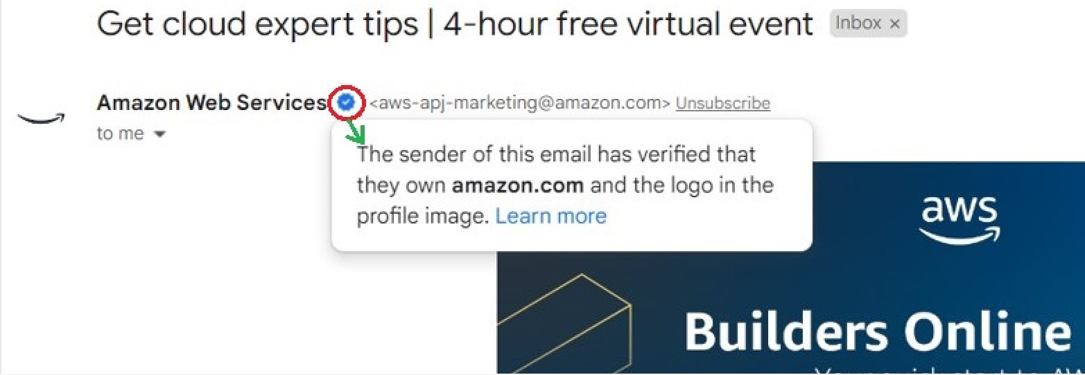 Bule checkmark in email of AWS example. Blue tick in email example. Blue mark in email example.