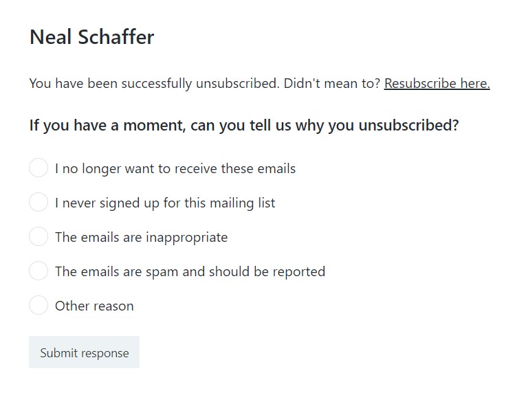 Survey example of unsubscribe reasons.