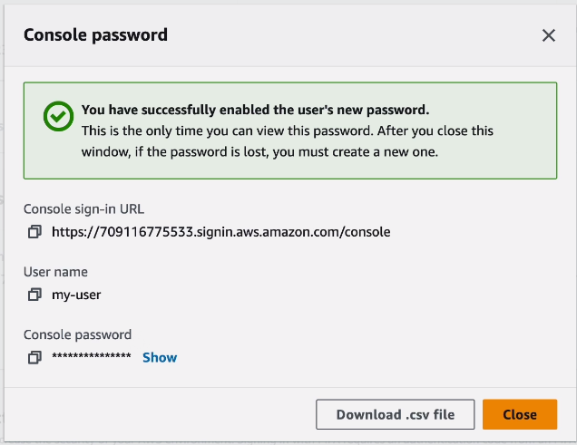 AWS IAM administrator access user name, password, and sign-in URL