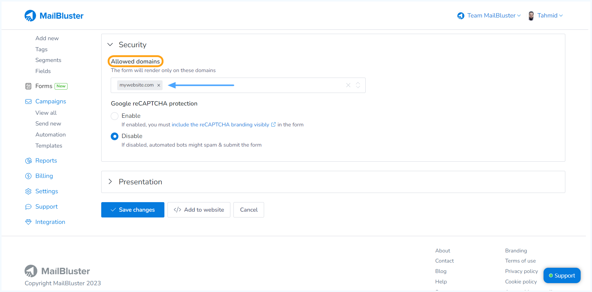 Adding the website domain to the Allowed domains section of the MailBluster form creation dashboard.