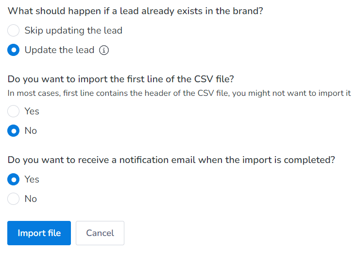 Selecting options while importing leads