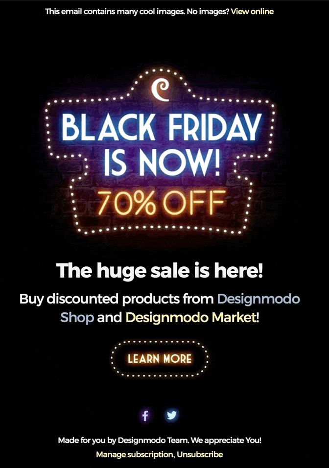 Black Friday announcement email.