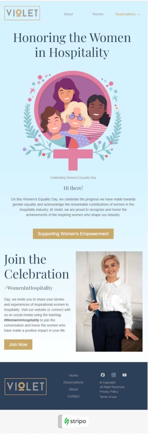 International Women’s Day email example from Violet. International Women's Day corporate message.