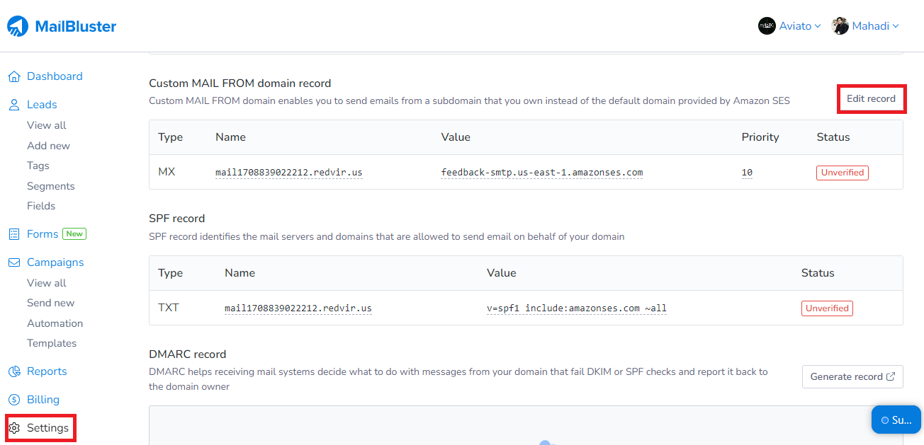 CUSTOM MAIL FROM domain record editing