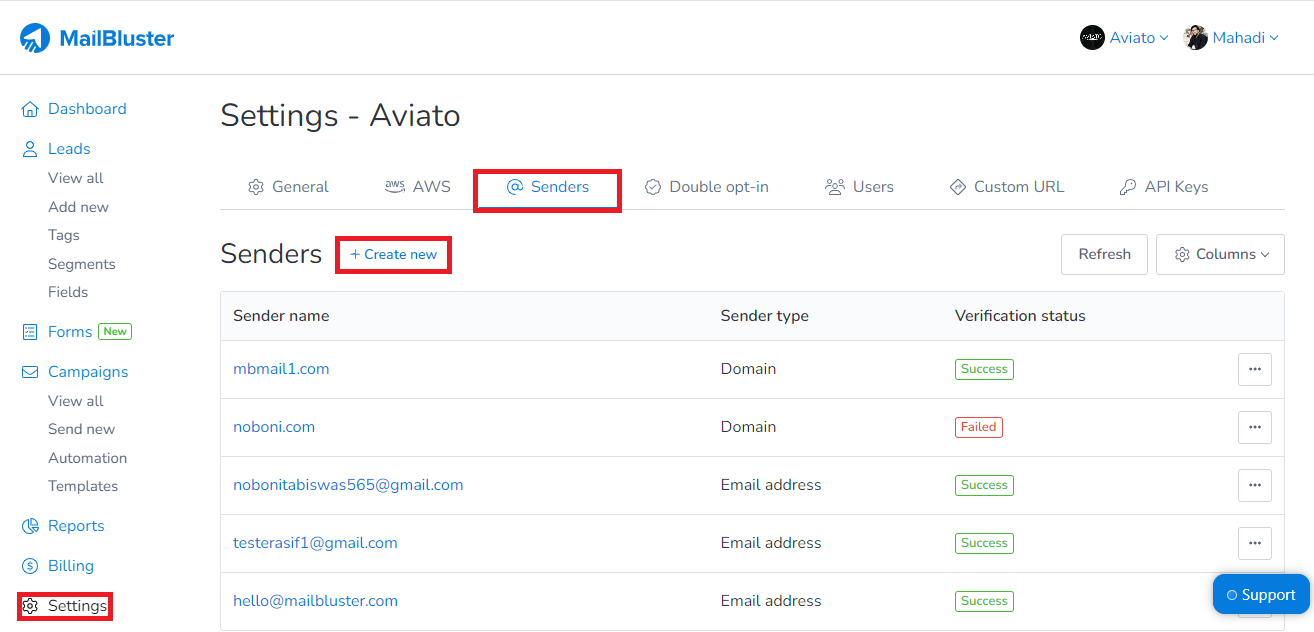 Create new sender in MailBluster