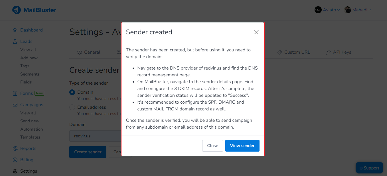 Sender feature domain instructions of MailBluster