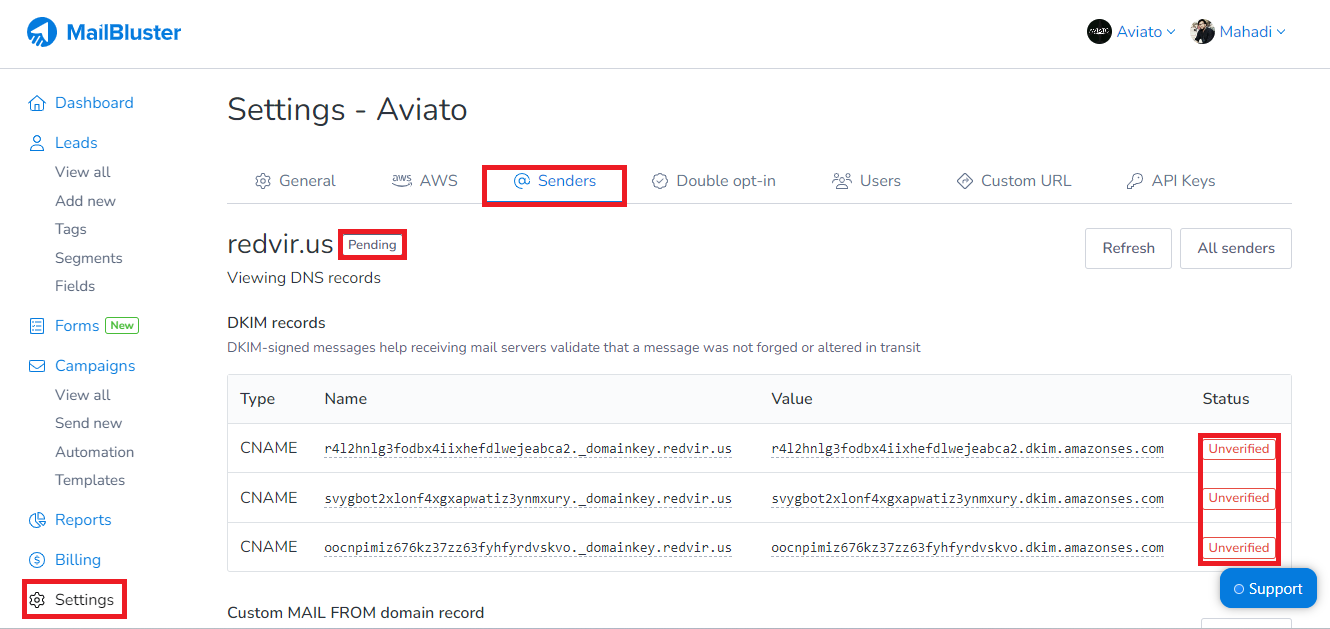 Sender verification status in MailBluster