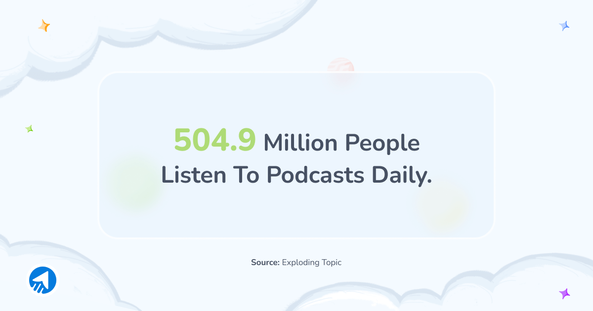 Podcast Statistics 504.9 million people listen to podcasts daily.