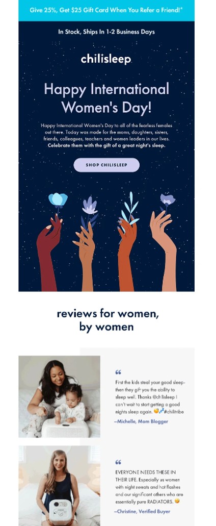 International Women’s Day email example from Chilisleep.