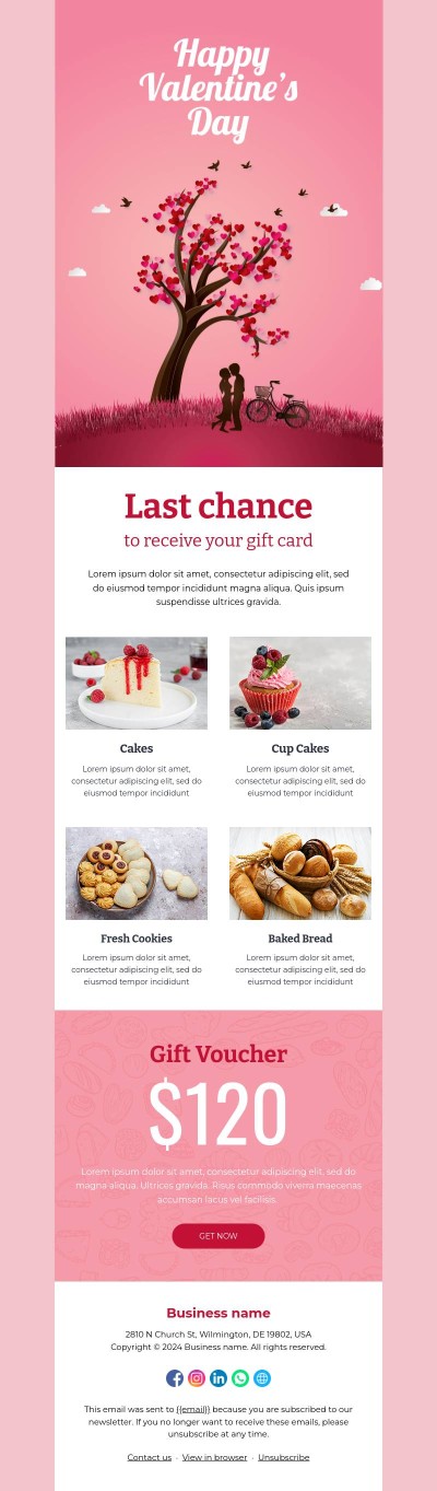 MailBluster’s Valentine’s Day email template for bakery and pastry shops. 