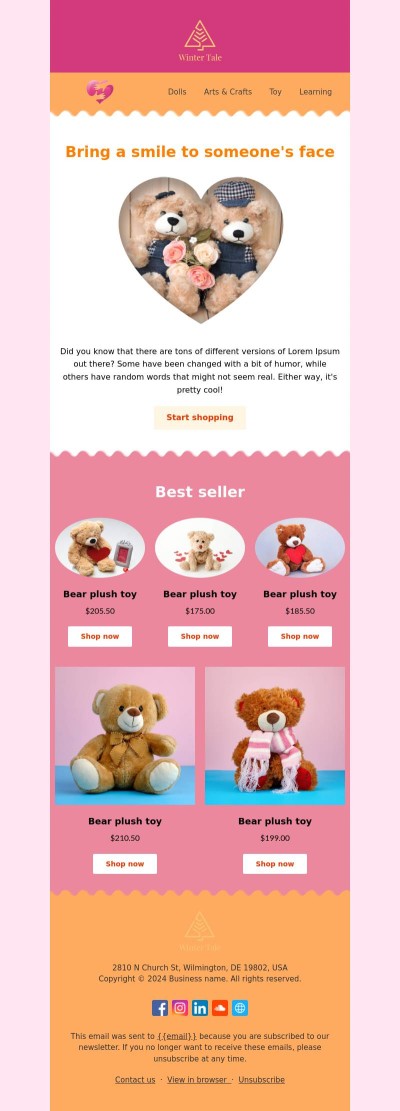 MailBluster’s Valentine’s Day email template for stuffed animal toy shops. 