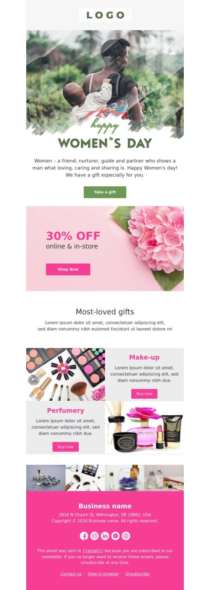 International Women’s Day email template for cosmetics and beauty brands.