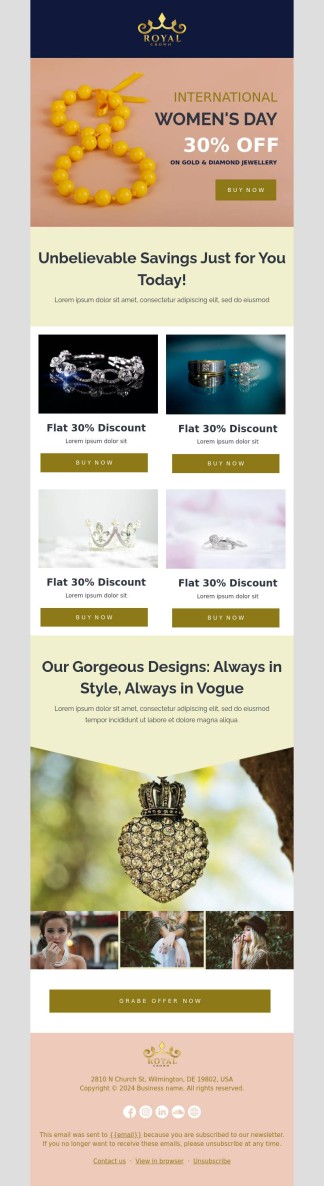 International Women’s Day email template for jewelry businesses.