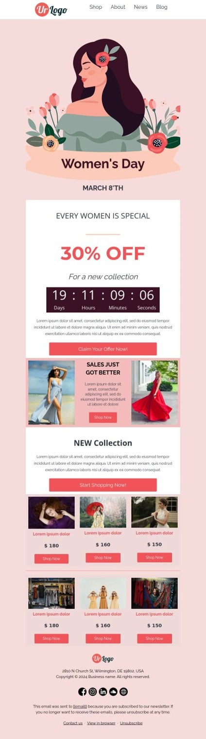 International Women’s Day email template for clothing brands.