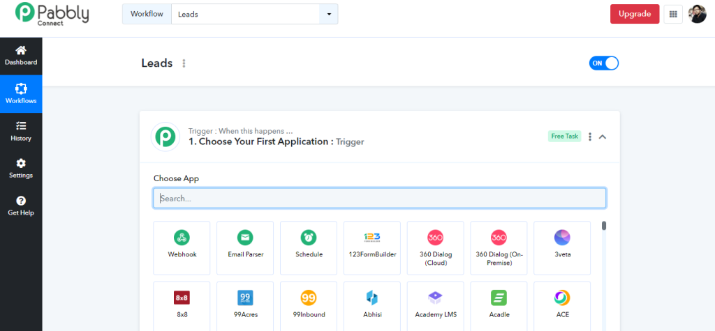 Choosing Google Sheets in Trigger box on Pabbly