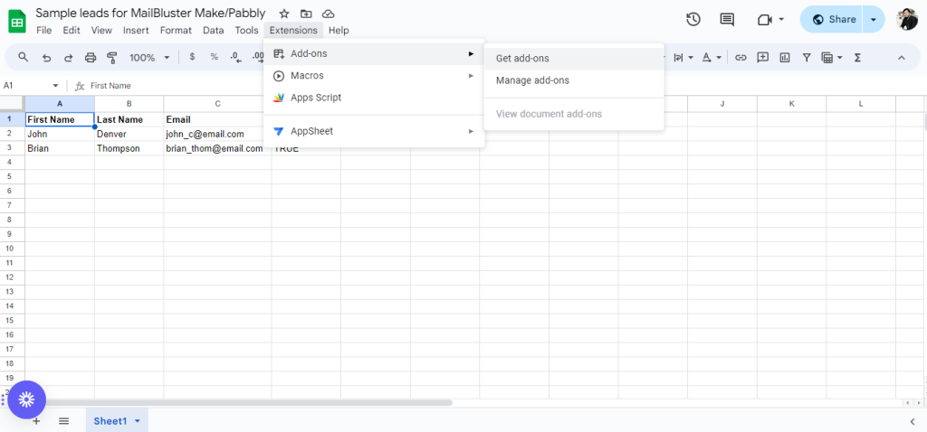Add-ons tab on Google Sheet