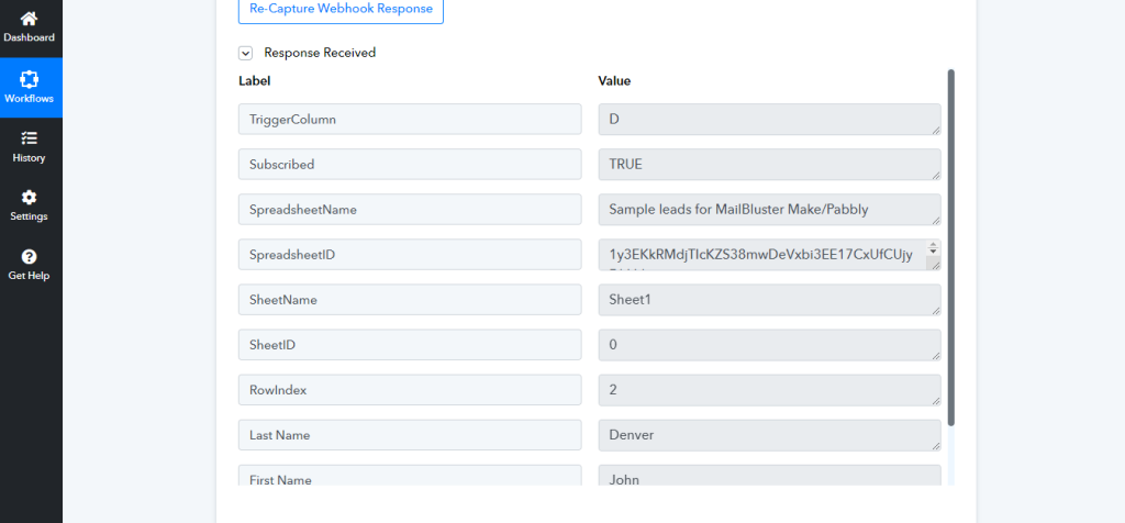 Values in Trigger box in Pabbly through Google Sheet 