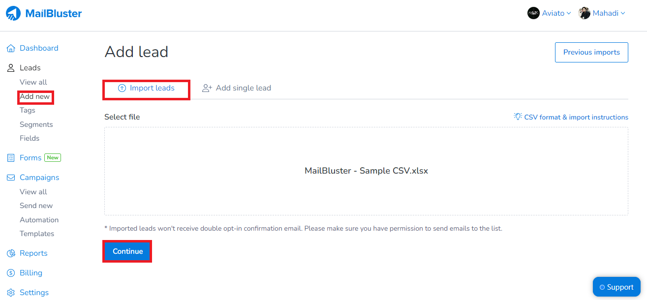 Importing leads through CSV file in MailBluster