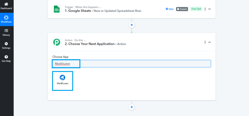 Choosing the MailBluster app on the Action module