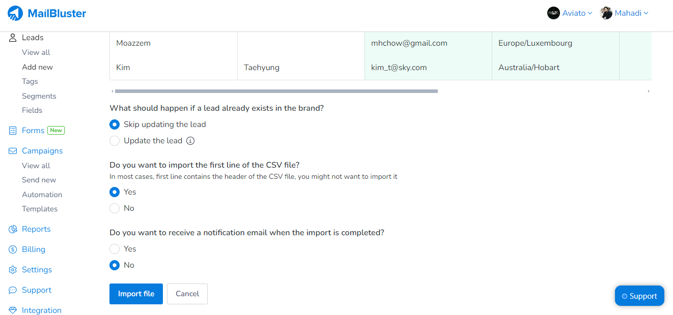 Selecting the conditions before importing CSV File