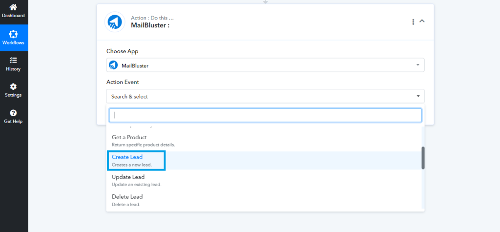 Selecting Action Event on Action module