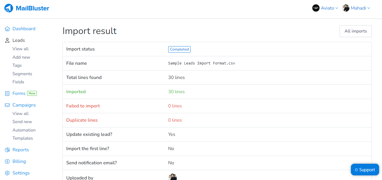 Results of the imported leads after successful import of the CSV file