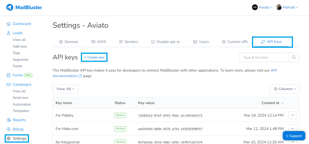 API keys generation in Pabbly