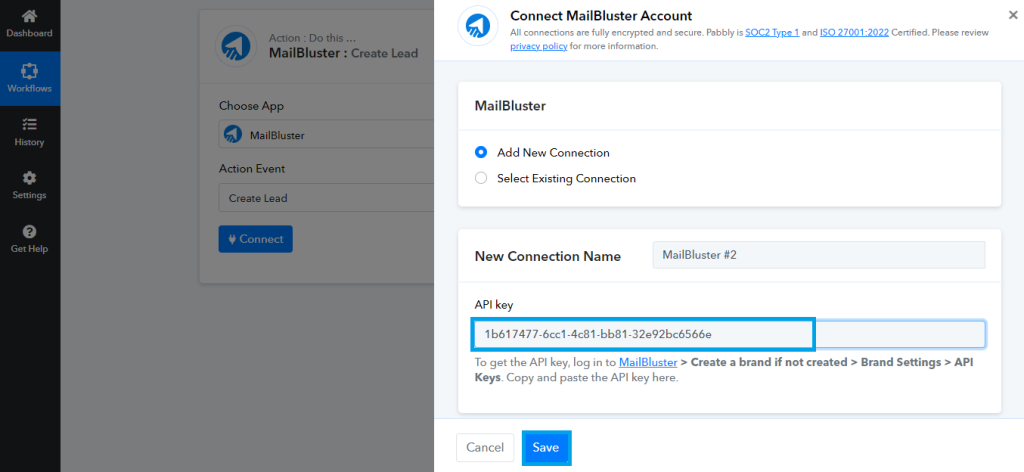 API key submission in MailBluster connection on Pabbly